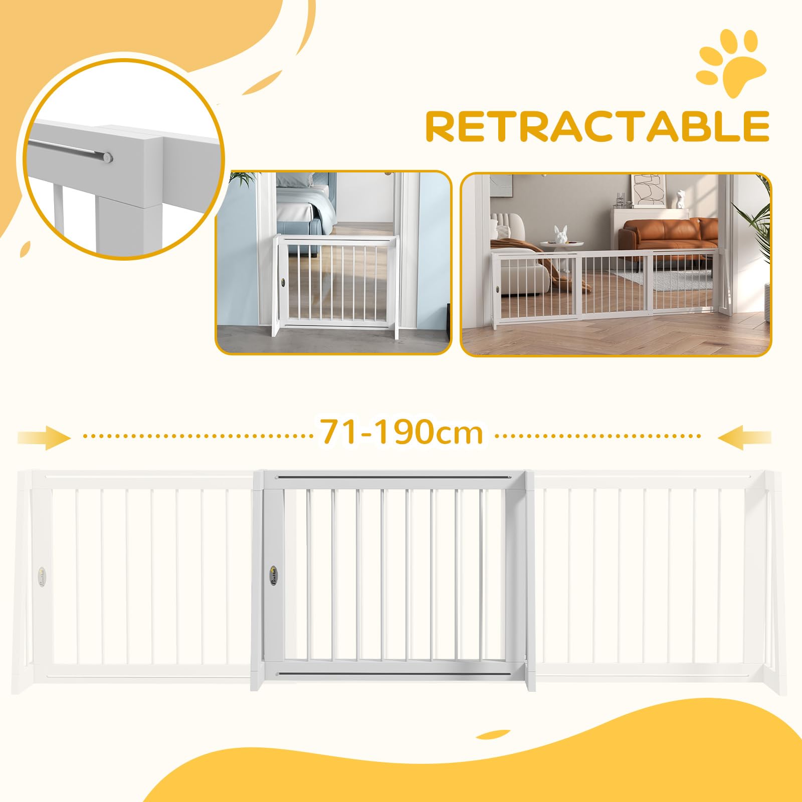 PawHut Absperrgitter Hund, Ausziehbar Freistehendes Schutzgitter mit 3 Paneelen, 56 x 71-190 cm Holz Hundegitter für Treppen, Türen, Küche, Kamin, Treppengitter für kleine Hunde, Weiß