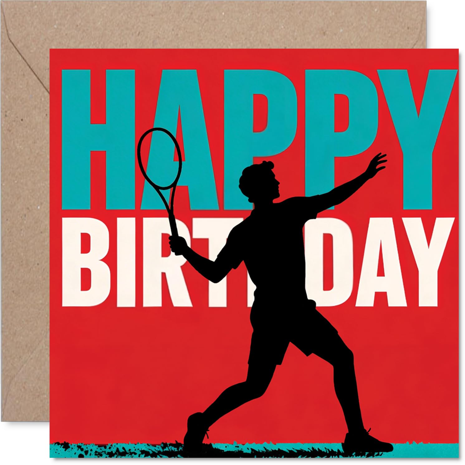 Playful Birthday Card - Serve Up Birthday Cheers - Bold Tennis Player Silhouette on Lively Red - Ideal for Sports Fans Ready to Celebrate - 145mm Square, Envelope Included