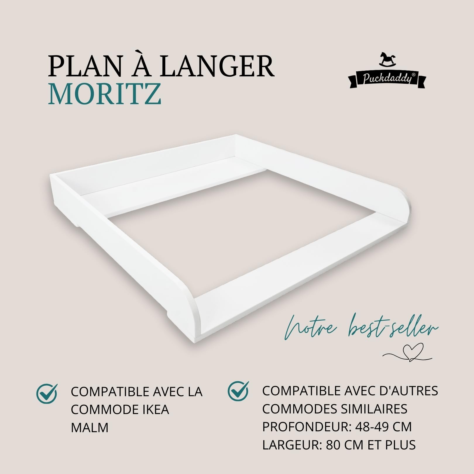 Puckdaddy® Plan à Langer Moritz, pour Commode Malm, Blanc, Chambre d’Enfant | Pour commode IKEA Malm, MDF, blanc, plan à langer, surface de couchage 77×76 cm, dimensions 80×78×10 cm