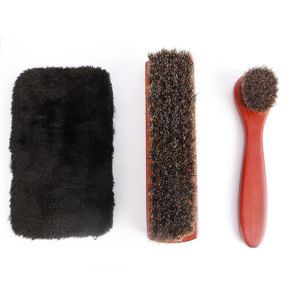 Set de 3 Brosses à Chaussures en CRIN de Cheval - Kit Entretien & Nettoyage pour Cuir, Chaussures, Bottes avec Brosse Carrée, Brosse à Long Manche et Gant de Polissage