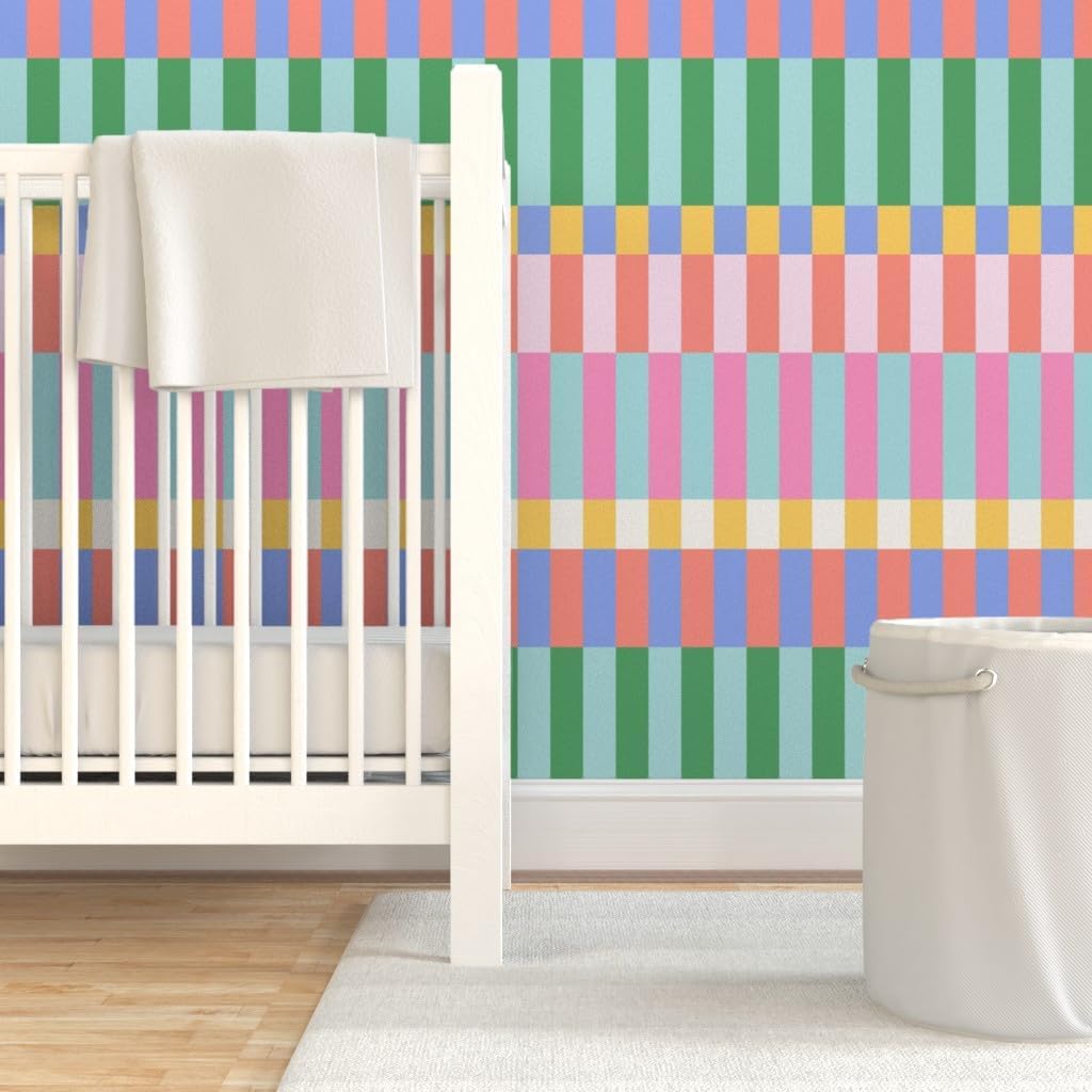 Spoonflower Peel & Stick Wallpaper 3ft x 2ft - Bright Retro Check Geometric Stripe Chunky Blue Pink Green Yellow Orange Custom Removable Wallpaper