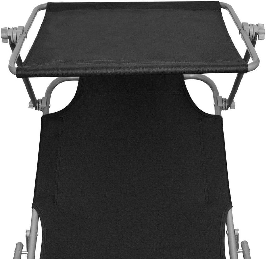 Folding Sun Lounger with Canopy Steel and Fabric Black Adjustable Outside Patio Sunlounger.Outdoor Garden Lounge Chair