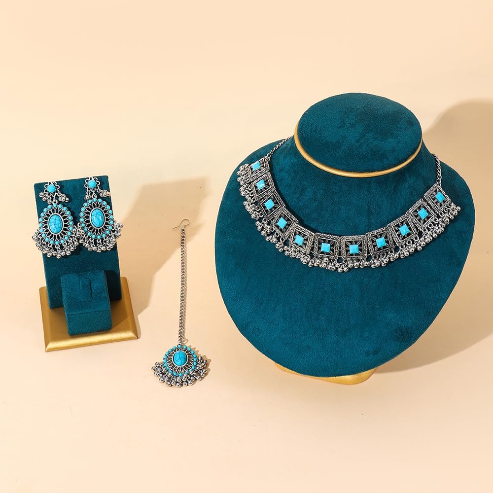Boho Western Turquoise Jewelry Set for Women Cowgirl Traditional Bohemian Jhumka Vintage Choker Necklace Gemstone Dangle Drop Earring Bridal Maang Tikka Fancy Fashion Wedding Head Accessories - Image 6