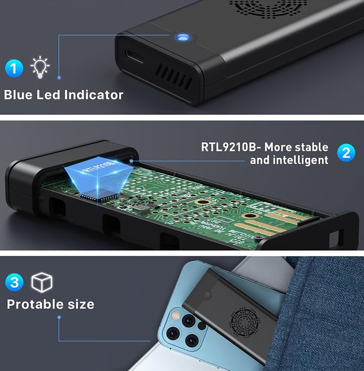 Caja externa para disco M.2 SSD con ventilador USB 3.1 aluminio miniatura 5
