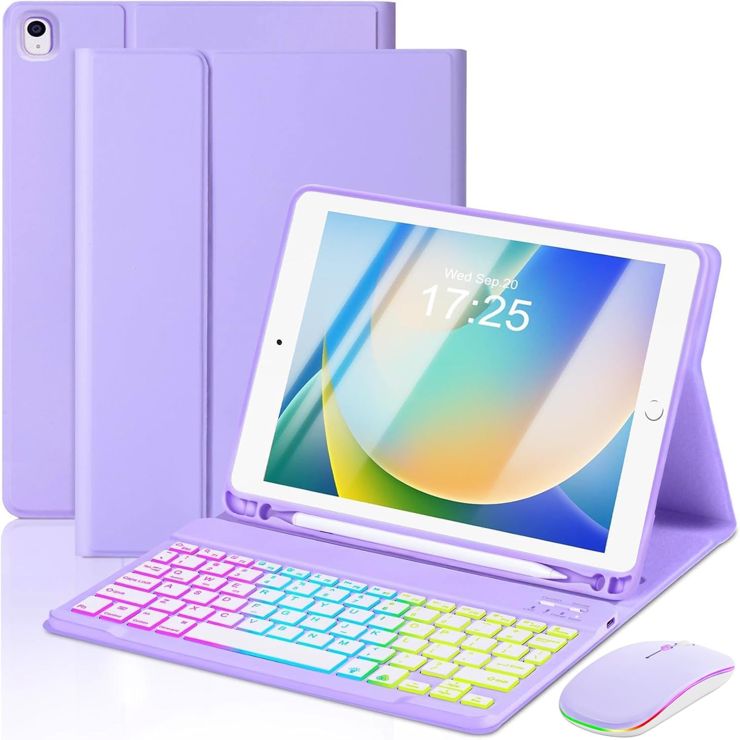 EAMPANG Case with Keyboard Mouse for iPad 9th 8th 7th Generation 10.2 inch,7 Color Rainbow Backlight Detachable USB-C Keyboard Magnetic Case with Pen Slot for iPad Air 3rd Gen/Pro 10.5 Purple