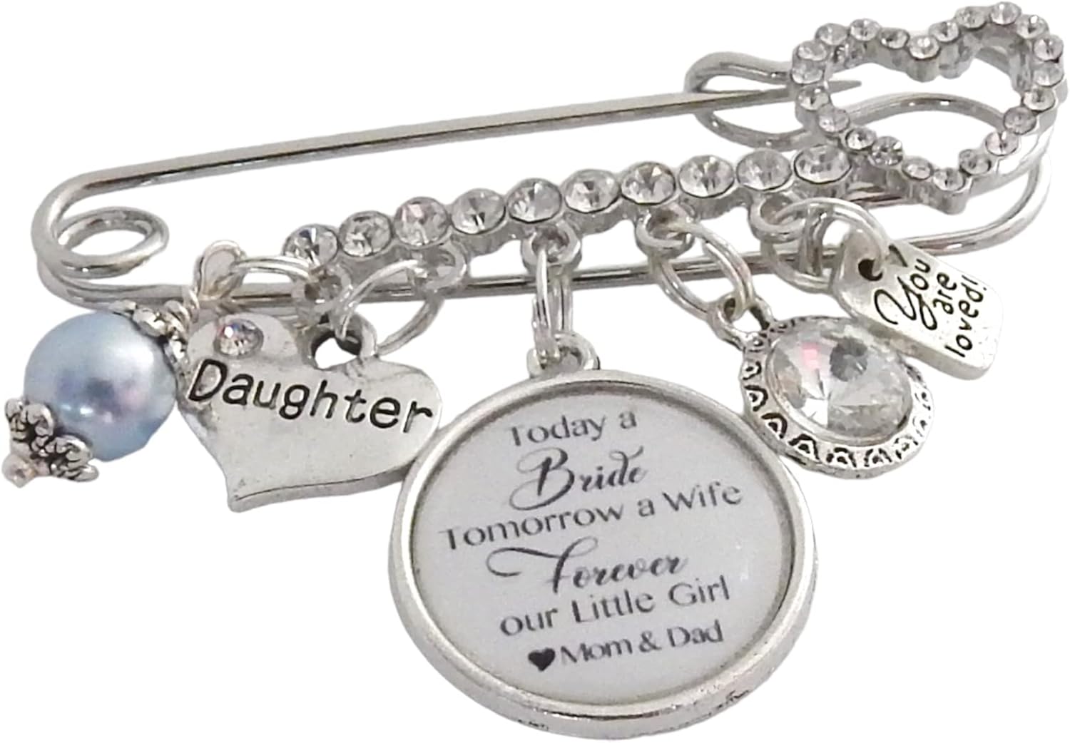 Bridal Something Blue Wedding Pin Brooch, Garter, Bride Gift, Charm Jewelry, Bachelorette Party, Bridal Shower, Wedding Keepsake, Daughter From Mom and Dad Today a Bride