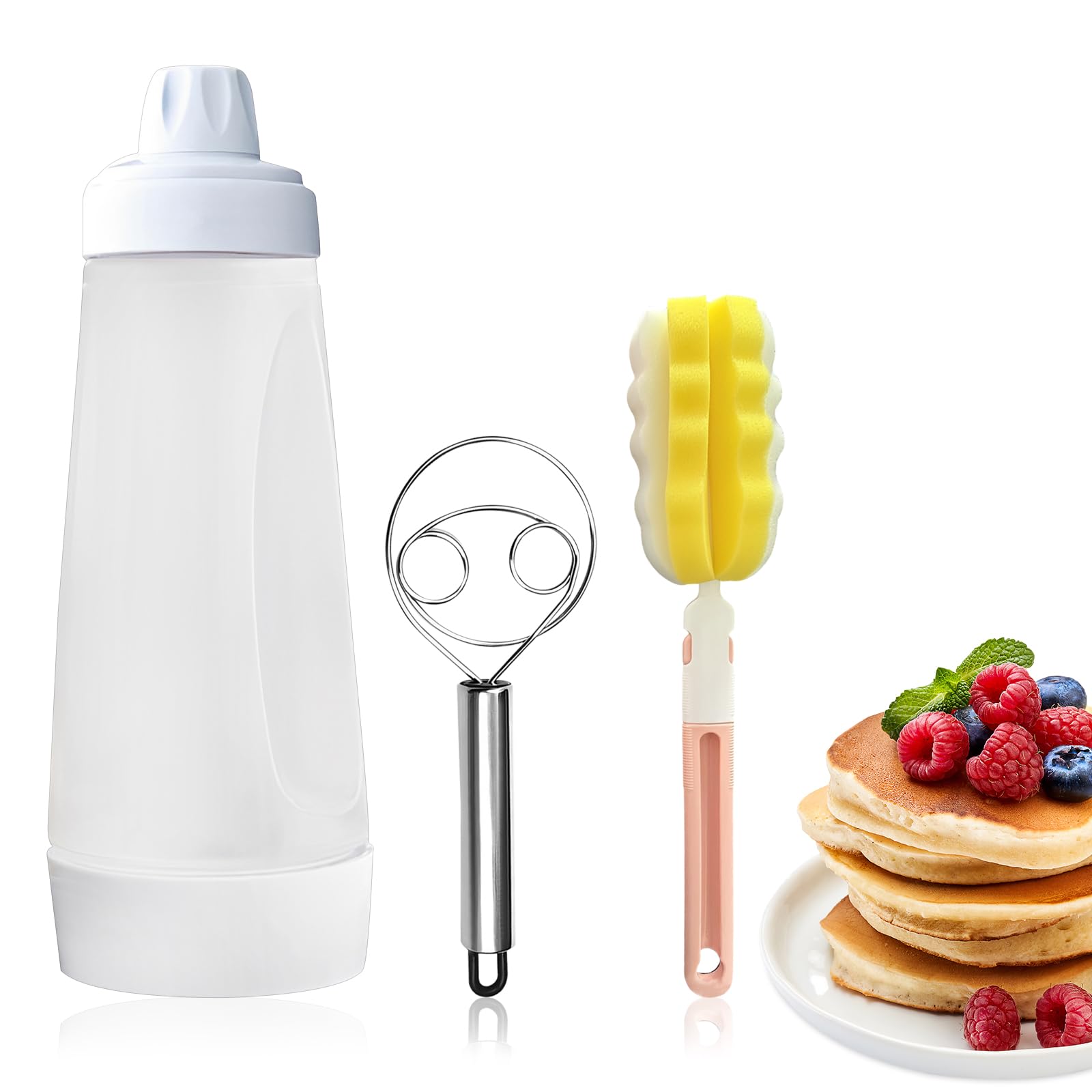 NYOSLB Pancake Batter Dispenser Bottle, Pancake Dispenser with Cleaning Brush and Hand Whisk Easy Squeeze Batter Mixer Bottle for Cupcake Pancakes Waffle Crepe
