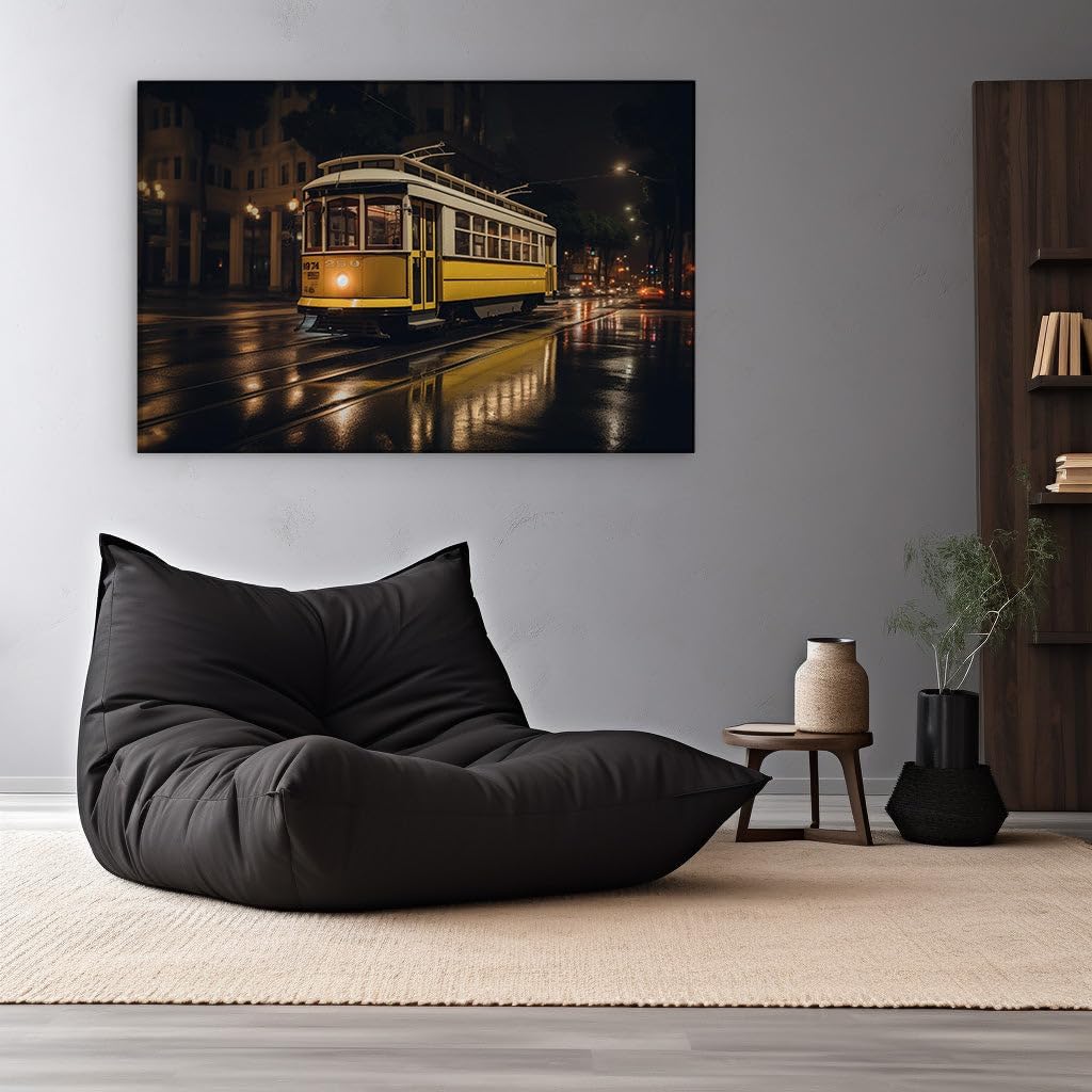 Canvas for Living room. Glowing Journey Through Midnight Rains: A Nostalgic Ride on a Vintage Tram, 27 x 18 inch Canvas Wall Art - Contemporary Masterpieces - Retro Home Decor