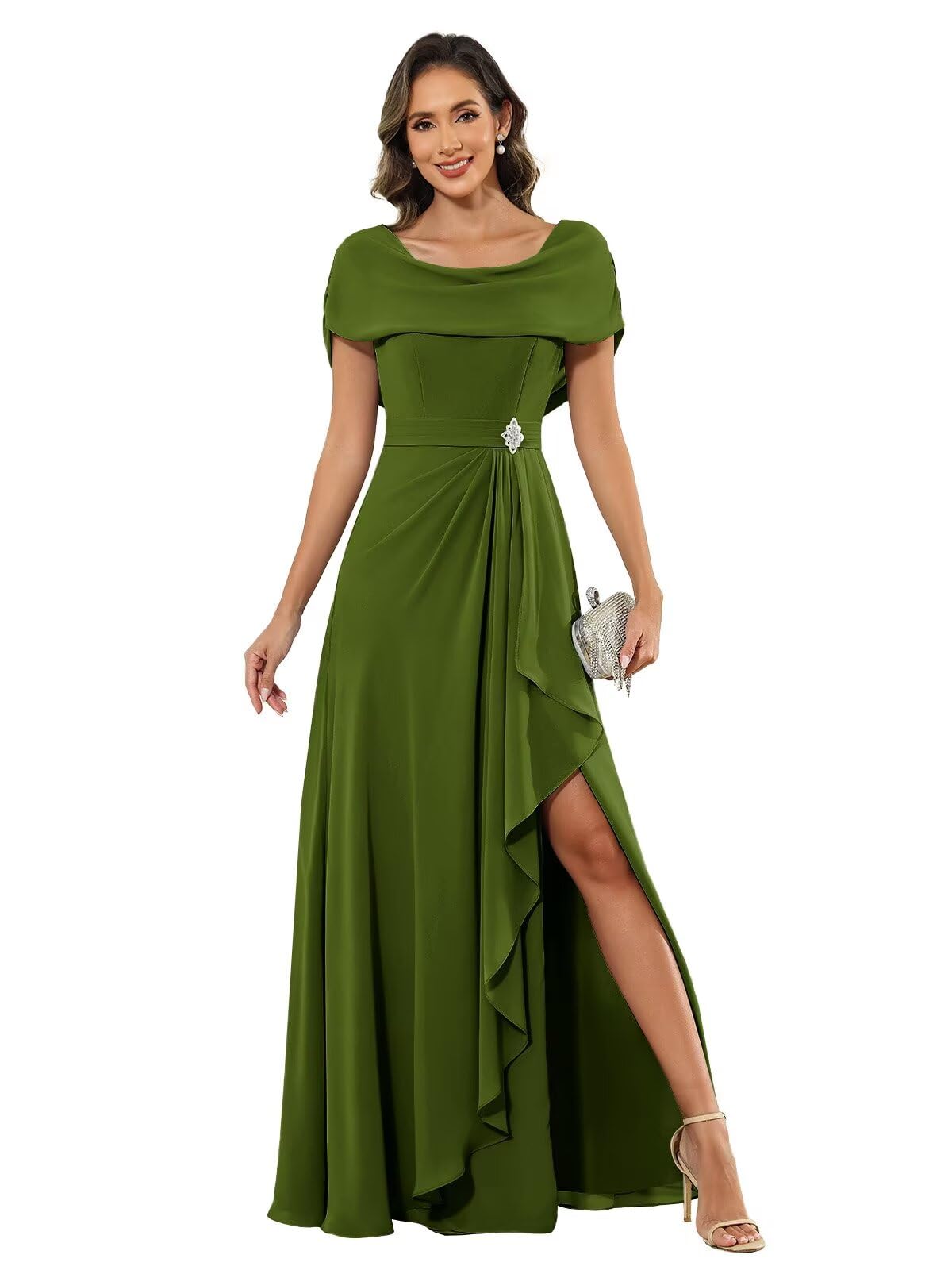 Sukleet Women's Mother of The Bride Dresses Long for Wedding Cape Sleeves Ruffles Chiffon Formal Evening Gown with Slit