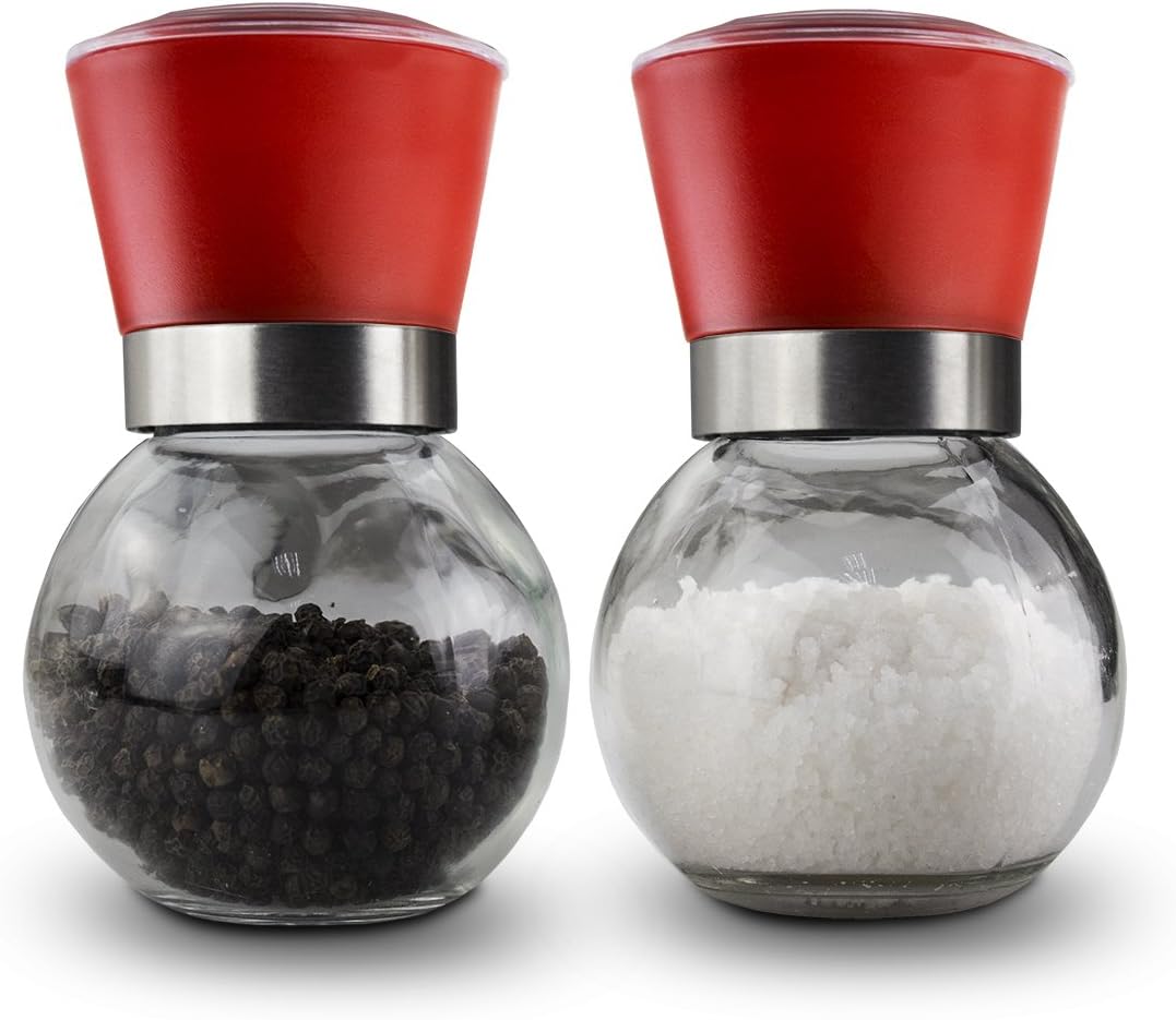 Ball-Jar Lead Free Glass Salt and Pepper Grinder Mill with Adjustable Ceramic Grinding Rotor to Put Out Fine Consistent Powder Anti-Abrasive/Corrosion Easily Refilled, Set of Two, Red