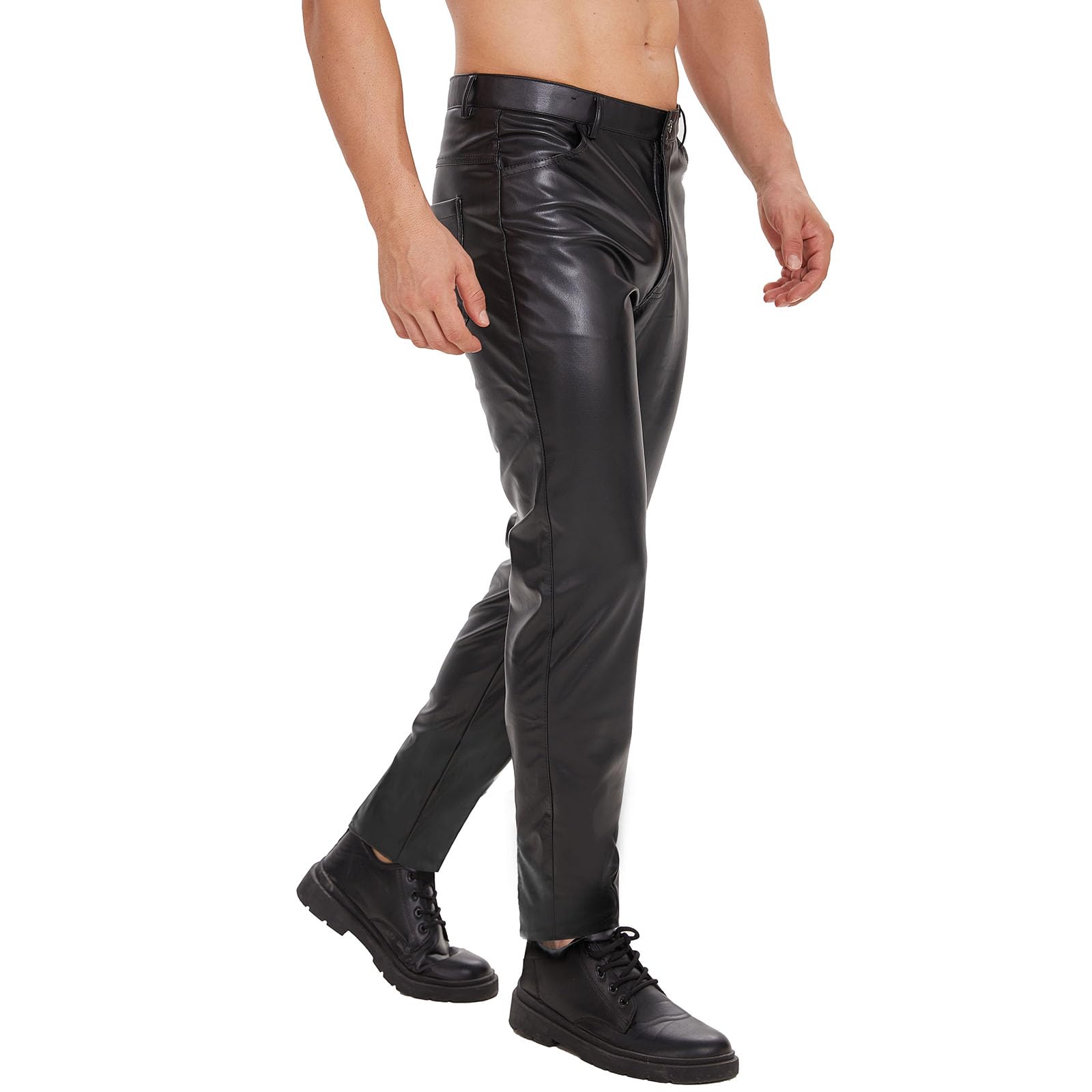 Herren Glänzende Weiche Matte Lederhose, Hochelastischem Hosen mit Reißverschluss, Slim Fit Lange Hosen, Gerade Lässige Lederhose für Herren für Kostüm Cosplay Nachtclub