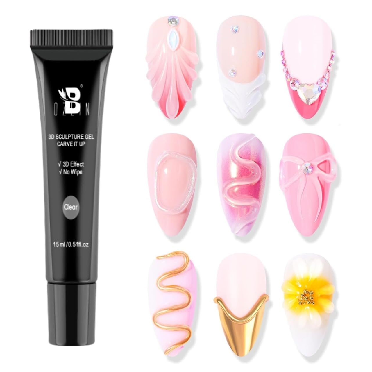 BOZLIN 3D Nail Art Sculpting Gel Nail Glue 15g No Wipe Clear Gel Polish for Nail Design (Clear)