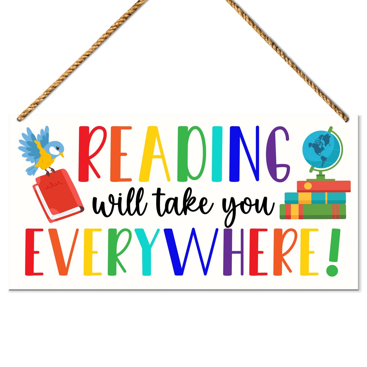 Classroom Sign Wooden Decor, Inspirational Wall Decor for Library Kids Classroom Nursery Teen Read Room Teacher Sign Hanging Decorations, Reading Will Take You Everywhere