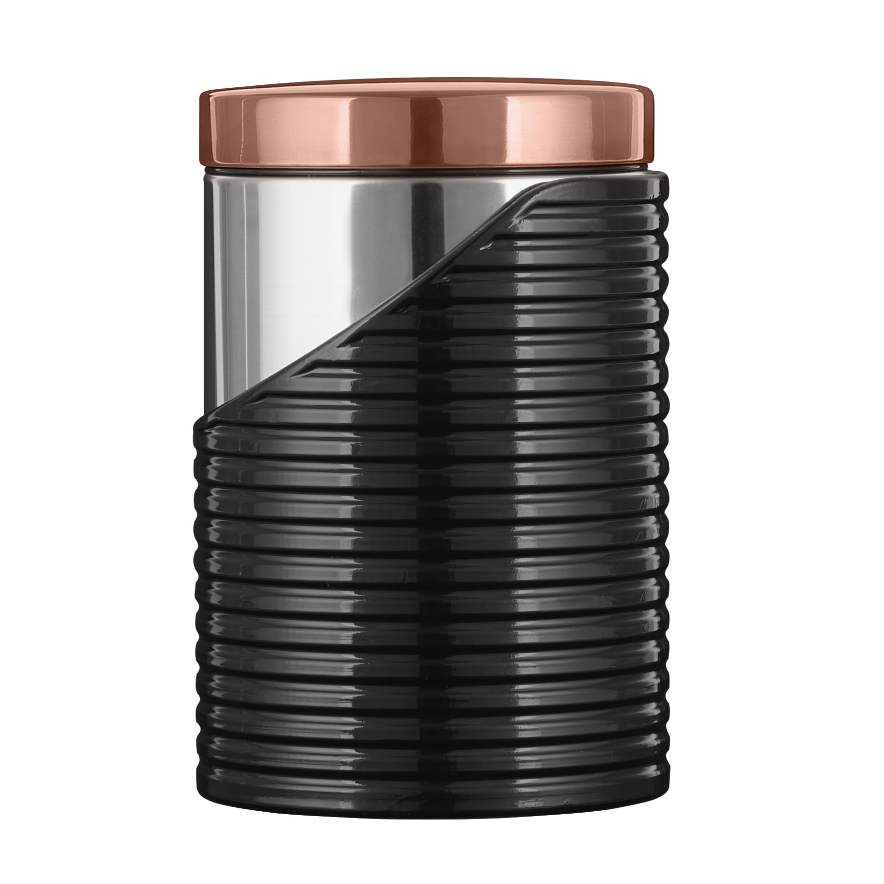 Tower Linear - Set di 3 barattoli in Acciaio Inox, 11,6 x 11,6 x 17 cm, Acciaio Inossidabile, Nero e Oro Rosa., 11.6 x 11.6 x 17 cm