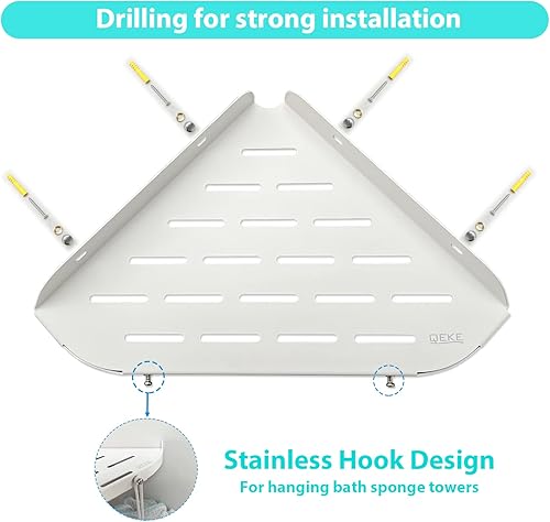 Miniatura 4 de SUS304 - Estante esquinero de ducha de 9 pulgadas, organizador de ducha de acero inoxidable SUS304, estante esquinero con 2 ganchos para baño,