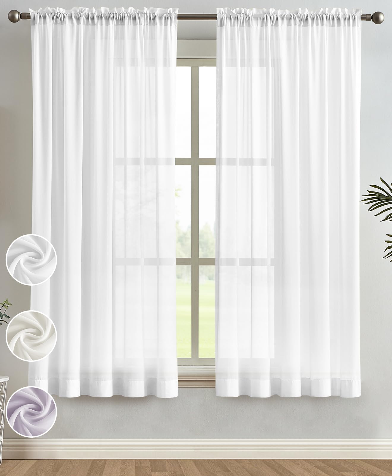 Melodieux White Chiffon Sheer Curtains Rod Pocket Soft Silky Texture Sheer Window Panels Light Filtering Sheer Drapes for Living, Dining, Bedroom