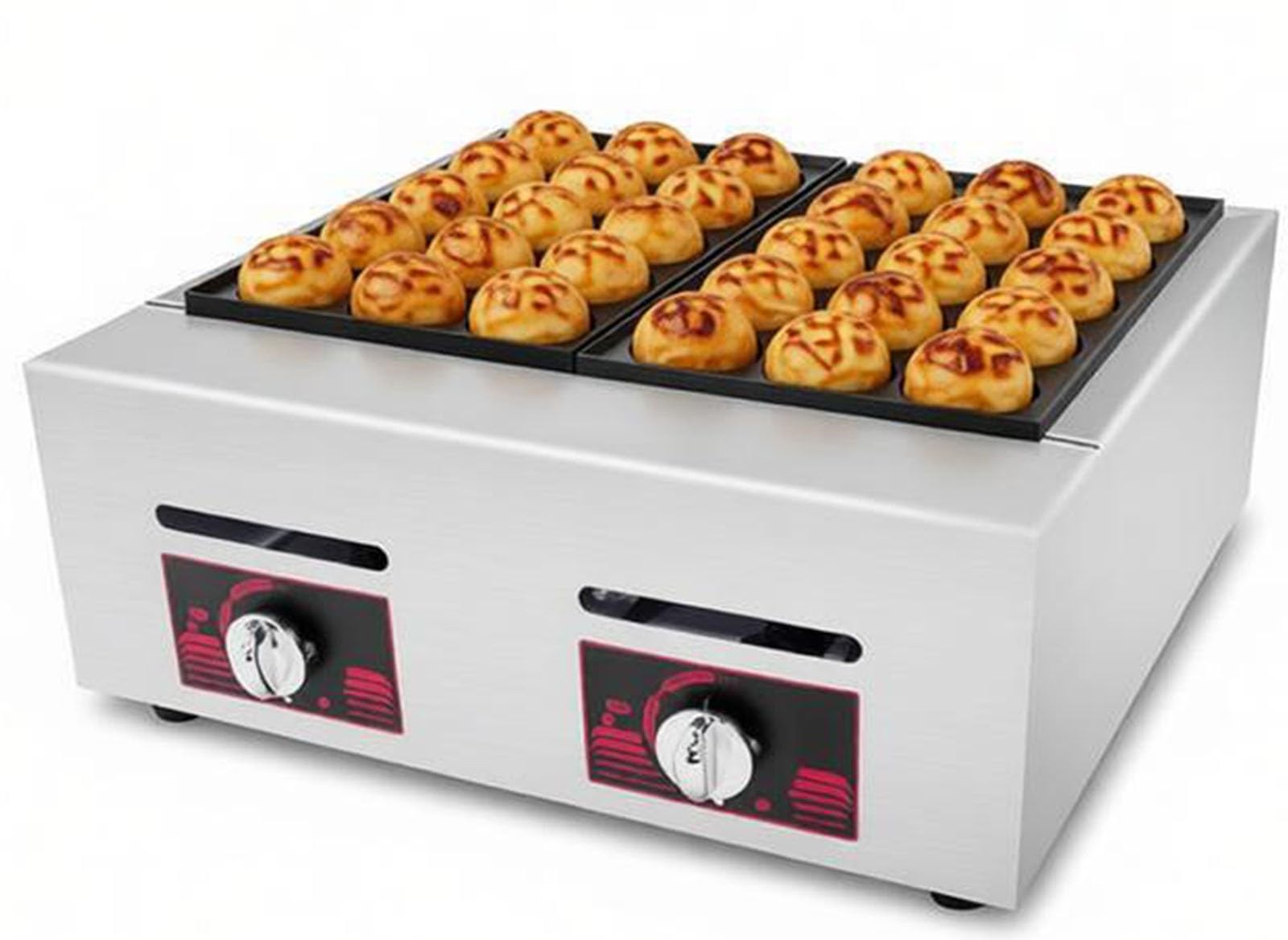 Macchina per takoyaki a Gas Professionale da 4000 W con Doppia vaschetta e Controllo Indipendente della Temperatura, in Grado di preparare 56 polpette di Polpo Giapponesi contemporaneamente