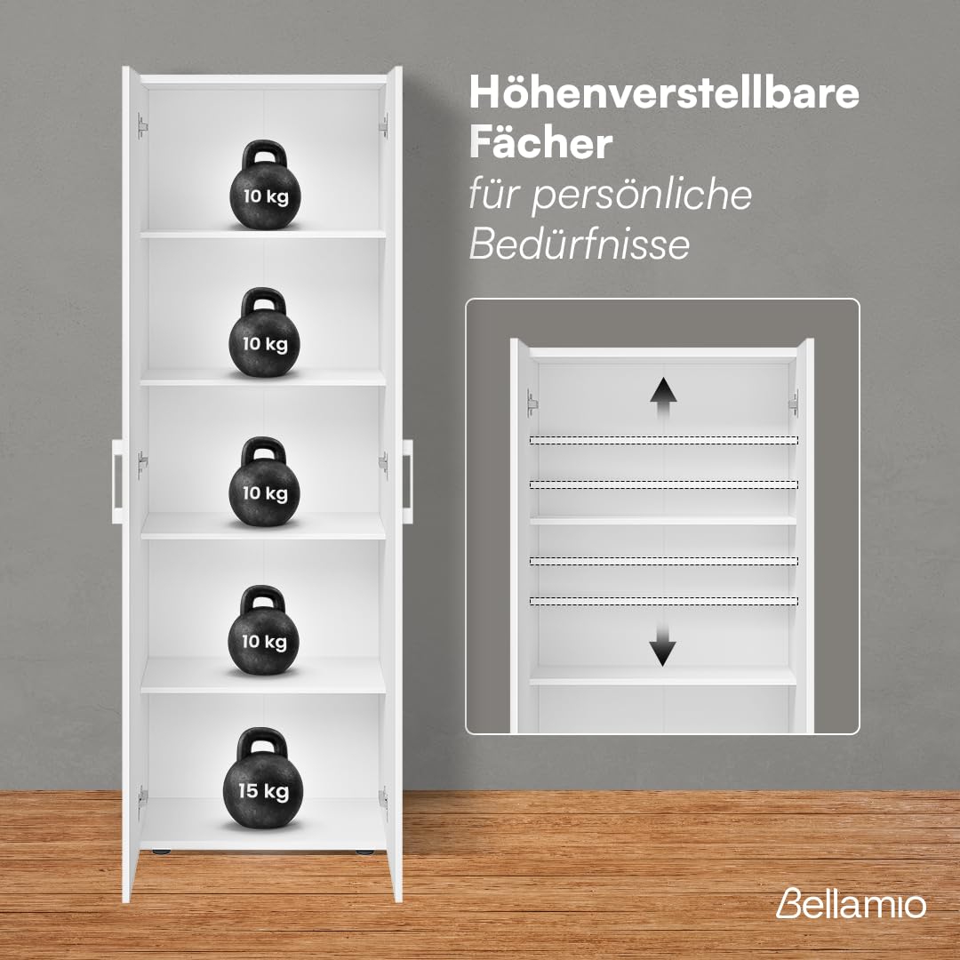 Bellamio Mehrzweckschrank Set 2-teilig – Schrank-Set mit Aktenschrank & Besenschrank in Weiß – Vorratsschrank mit Staubsaugerfach – Haushaltsschrank Holz 60 cm breit – Allzweckschrank 2 Stück
