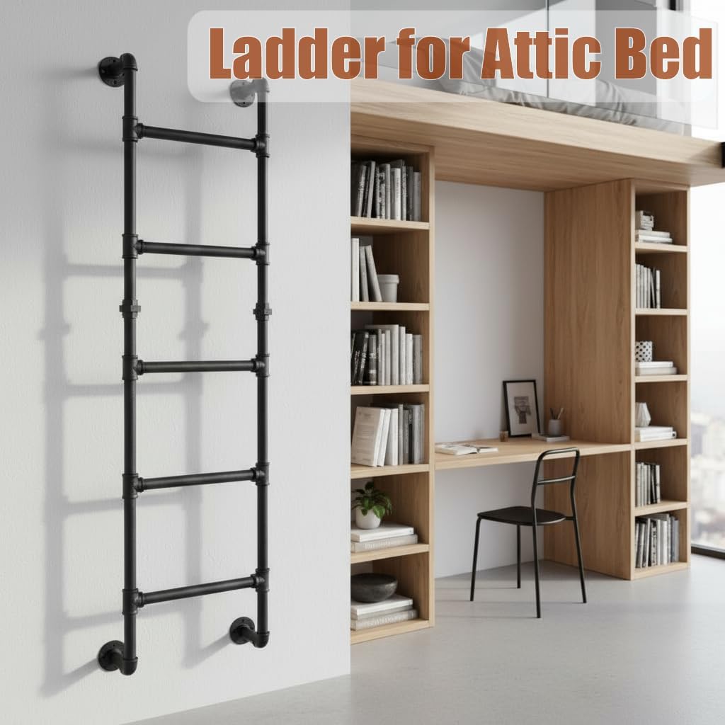 5.4FT/165cm Egress Ladder for Basement Window Well, 5-Step Wall Mounted Metal Ladder, Wrought Iron with 330lbs Load Capacity, Heavy-Duty for Indoor Outdoor Use, High Entrance Loft Attic Bunk Bed