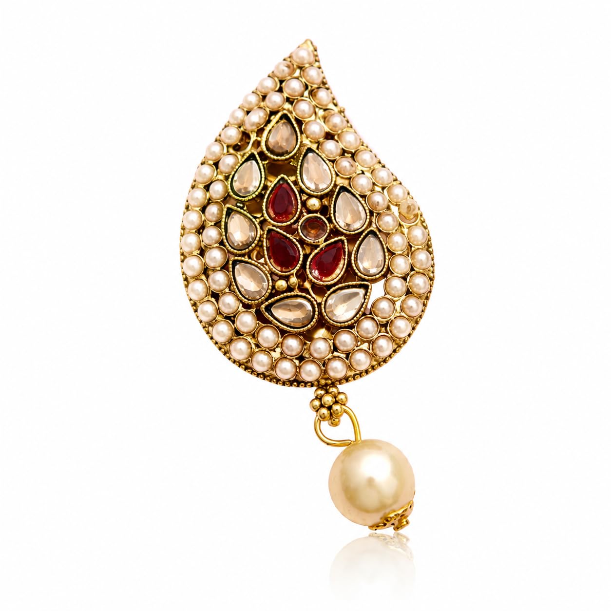 Gold Plated Teardrop Kundan Brooch for Women | Pearl Beaded Ethnic Saree Pin with Hanging Pearl Drop | Traditional Brass Safety Pin Brooch | Traditional Ethnic Trendy Fashion Jewellery-image-37