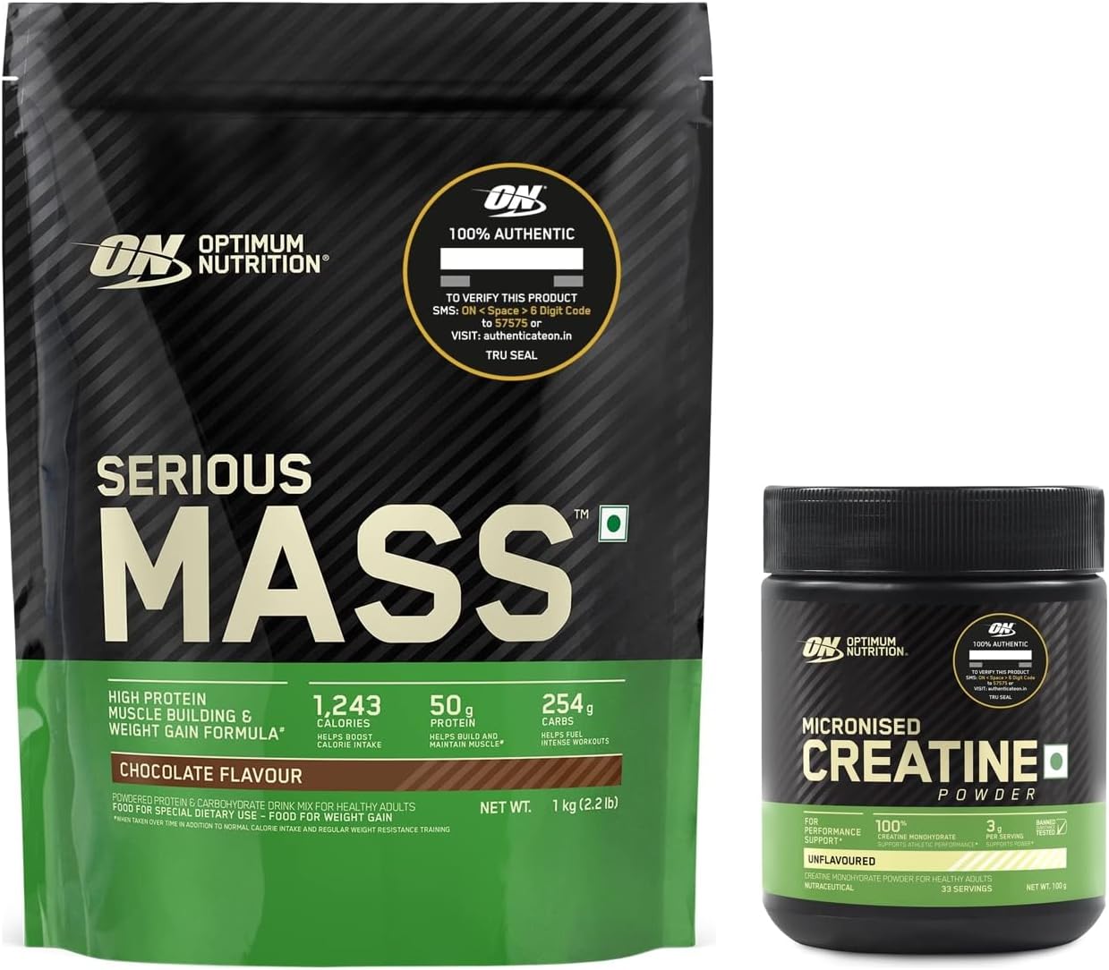 (ON) Serious Mass Gainer powder (Veg) - Pack of 1 kg (Chocolate) & Optimum Nutrition (ON) Micronized Creatine Powder - 100 Gram, 33 Serves, Unflavored. COMBO