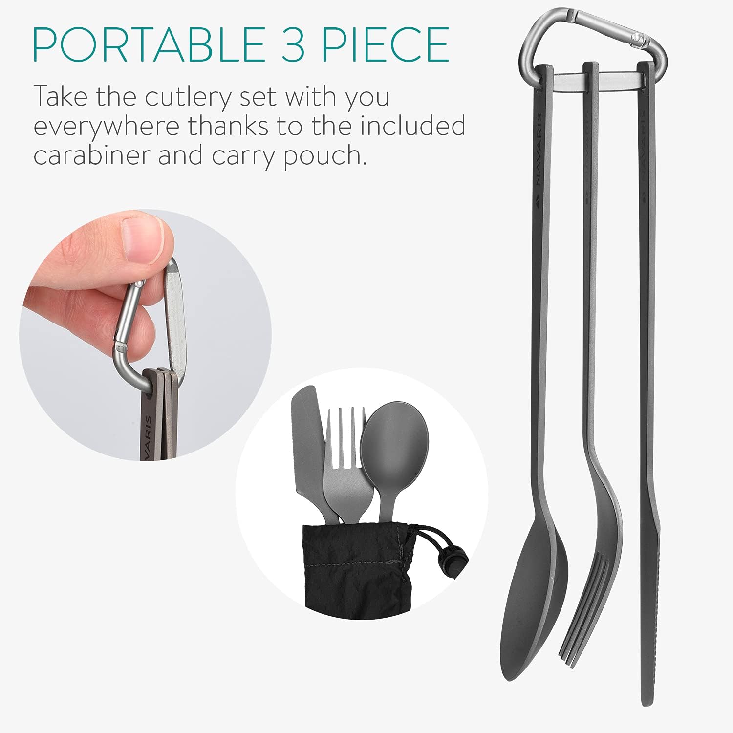 Navaris Titanium Camping Cutlery Set - Lightweight Camping Utensils for One - Knife, Fork and Spoon with Carabiner Clip and Case for Hiking and Travel : Sports & Outdoors