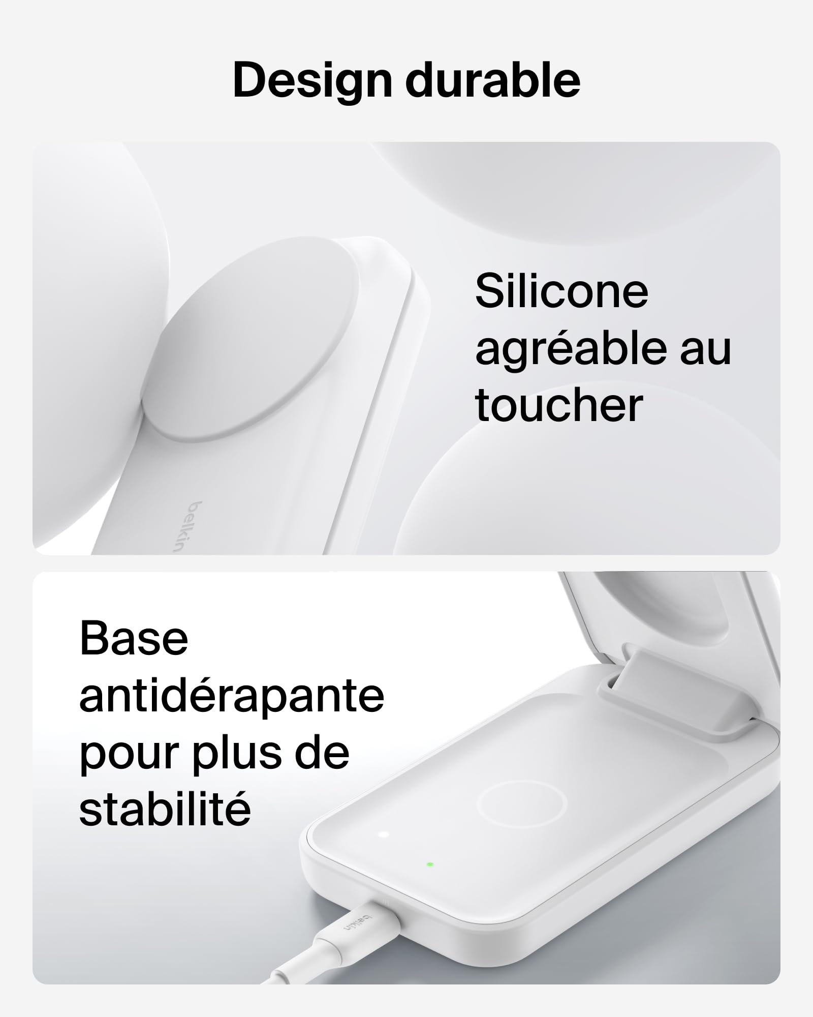 Belkin UltraCharge Chargeur Induction 3 en 1 Qi2, Station de Charge Magnétique 25W, Chargeur sans Fil avec MagSafe pour iPhone 17, iPhone Air, Apple Watch, AirPods, Pixelsnap avec Chargeur 45W, Blanc