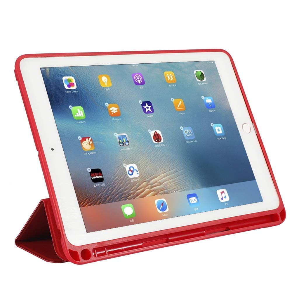 Pen Holder Leather Flip Cover Trifold Stand with Auto Sleep/Wake Shields Pen Holder Case Compatible with IPad 9.7 Inch (Red Color 2017 Modal)
