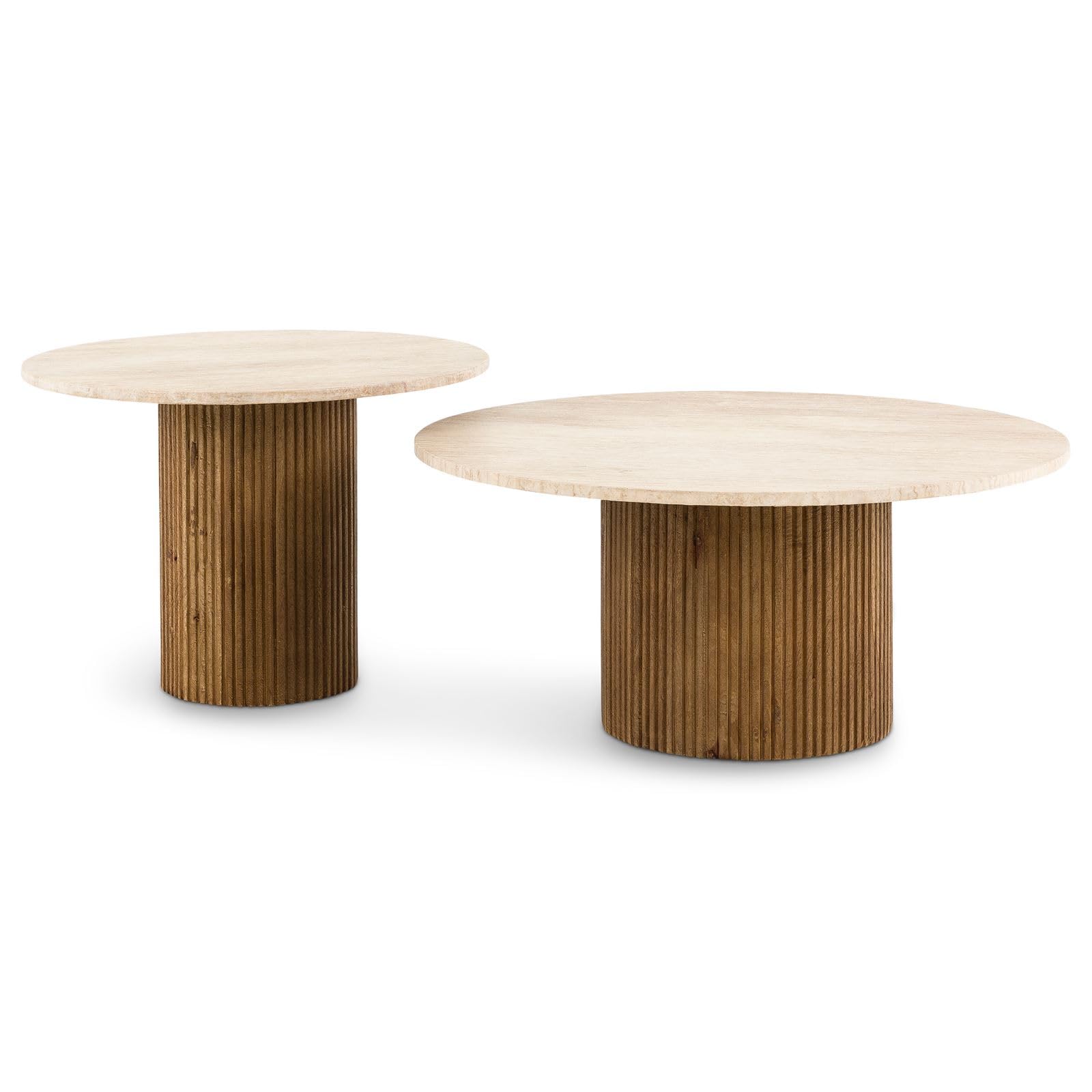 IDIMEX Couchtischset NARMADA/Mandi mit Tischplatte aus Travertin, Braun/Beige - Runder Beistelltisch im 2er Set, rundes Holzgestell aus Mangoholz, Wohnzimmertisch, Coffee Table