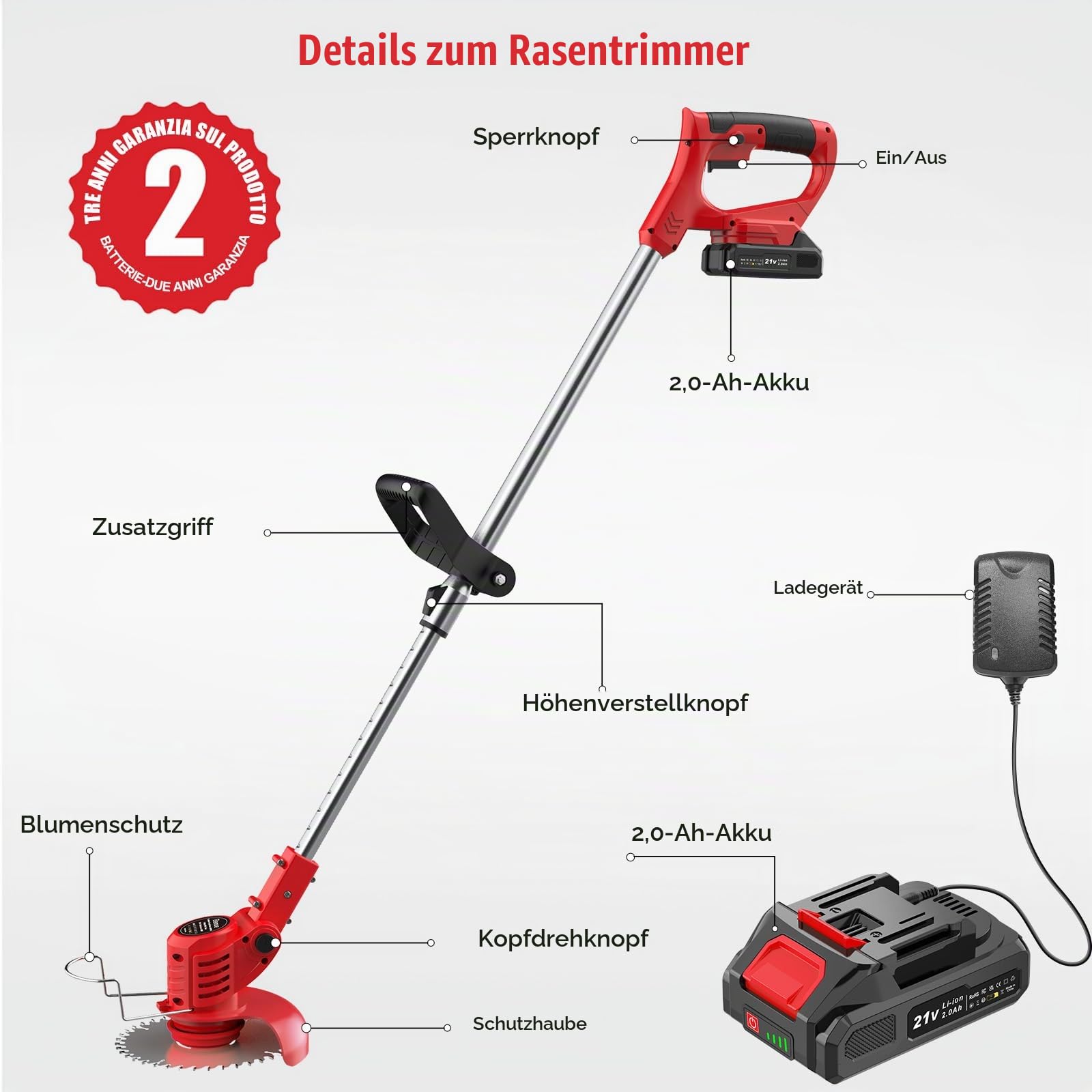 Bamse Rasentrimmer mit Akku – Akku Rasentrimmer, 11000 U/min, 2x2000mAh, Teleskopgriff 85–120cm, 2 Schneidköpfe – Freischneider Akku für Garten, Motorsense, Kantenschneider Rasen, Rot