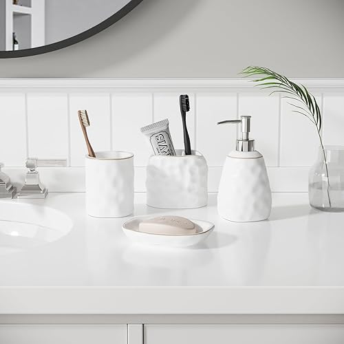 Miniatura 3 de Juego de 4 accesorios de baño, soporte de cerámica para cepillos de dientes, dispensador de jabón, vaso, jabonera para encimera de tocador de baño,