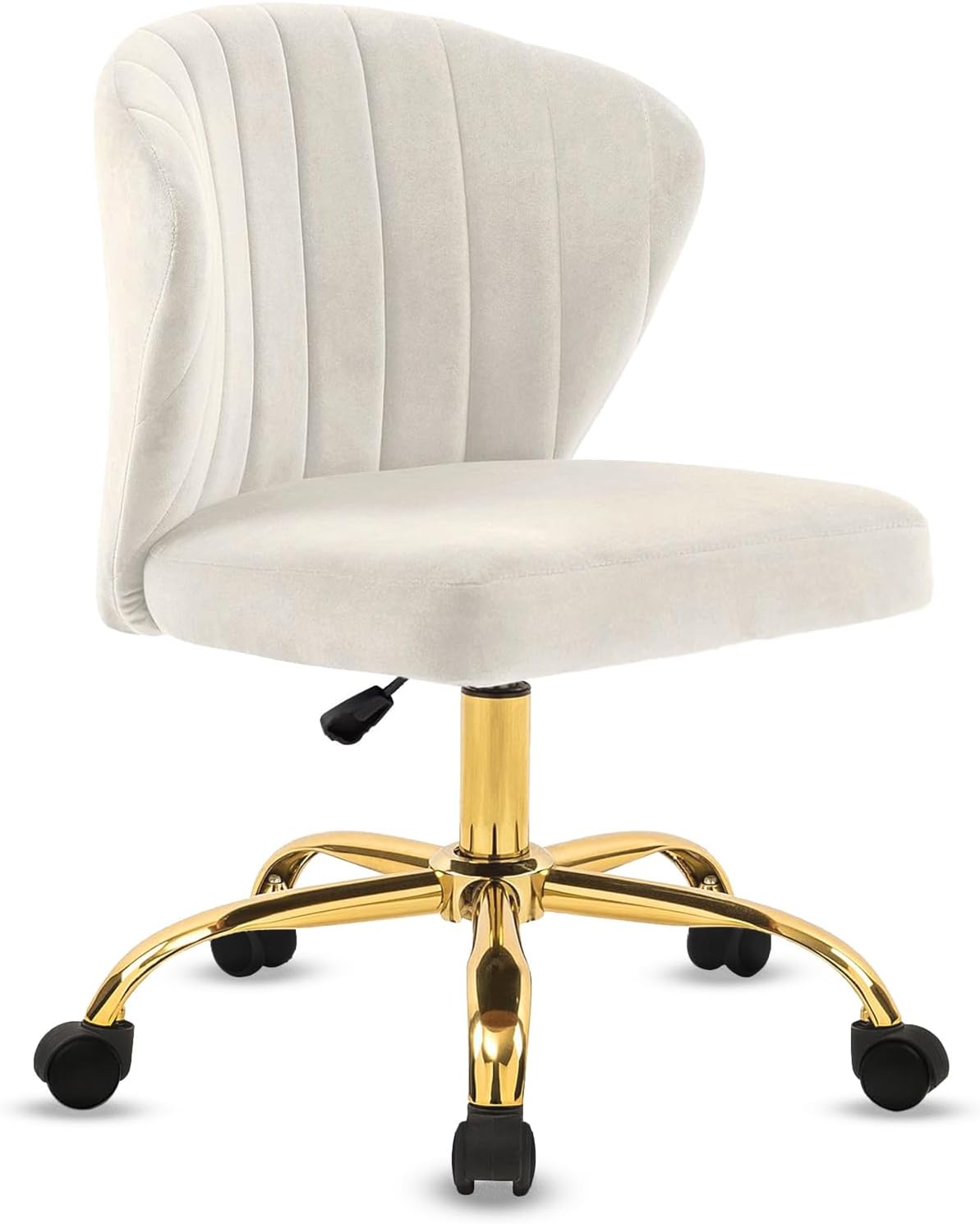 CLATINA Velvet Home Desk Chair with Gold Base Wheels, Adjustable Height Upholstered Comfortable Ergonomic Armless Modern Vanity Chairs, Swivel Task Chair for Study Dressing Bedroom Living Room, White