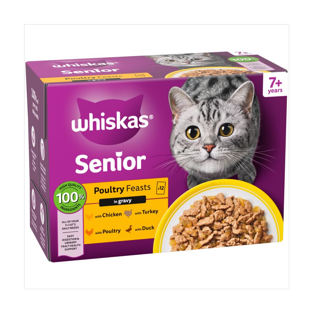 Whiskas 7+ Poultry Feasts Senior Wet Cat Food Pouches in Gravy 12 x 85g