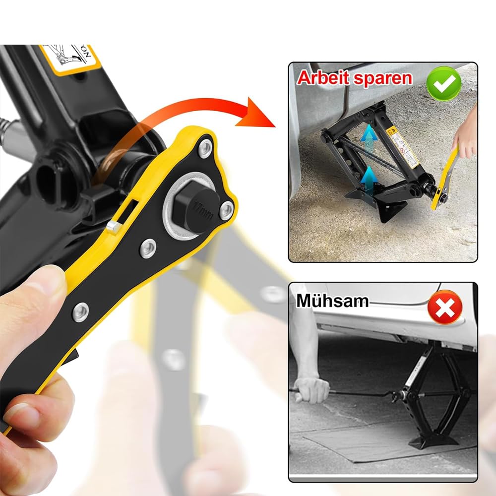 1 Set Cric à Ciseaux avec Clé à Cliquet pour Toyota Yaris III Hybrid Hayon 2015-2020, Levage de Voiture 2 Tonnes Capacité de Charge Hauteur 11-39cm