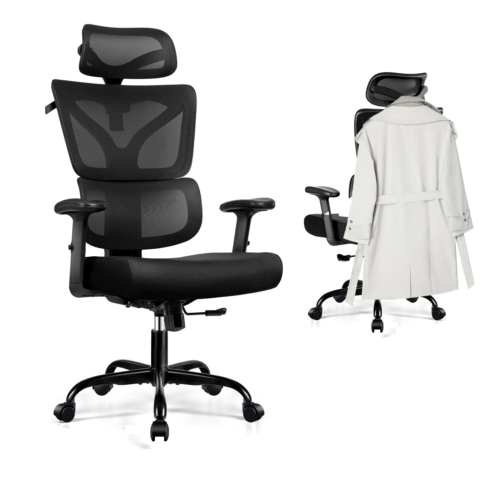 PEAKLIMB Silla de oficina ergonómica, silla de escritorio con reposacabezas ajustable, soporte lumbar y reposabrazos 3D, silla de oficina ergonómica, ganador de la prueba, negro
