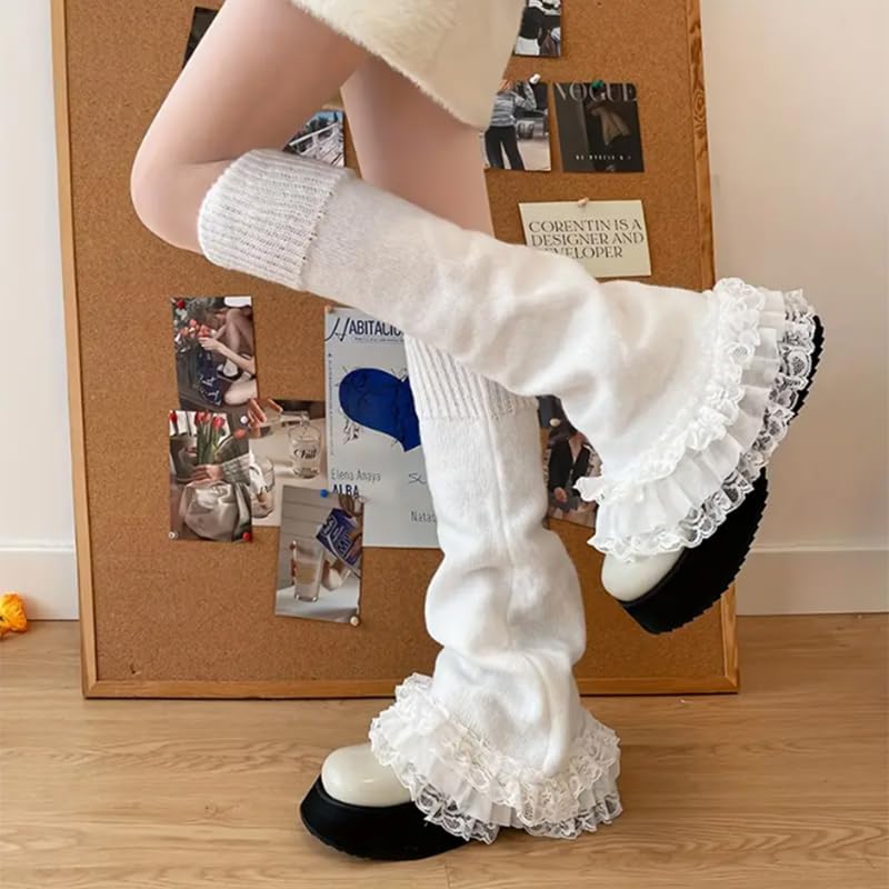 1 Pair Women's Ruffled Lace Trim Leg Warmers, Sweet And Cute Knee High Socks, Lace Trim And Ruffled Design2