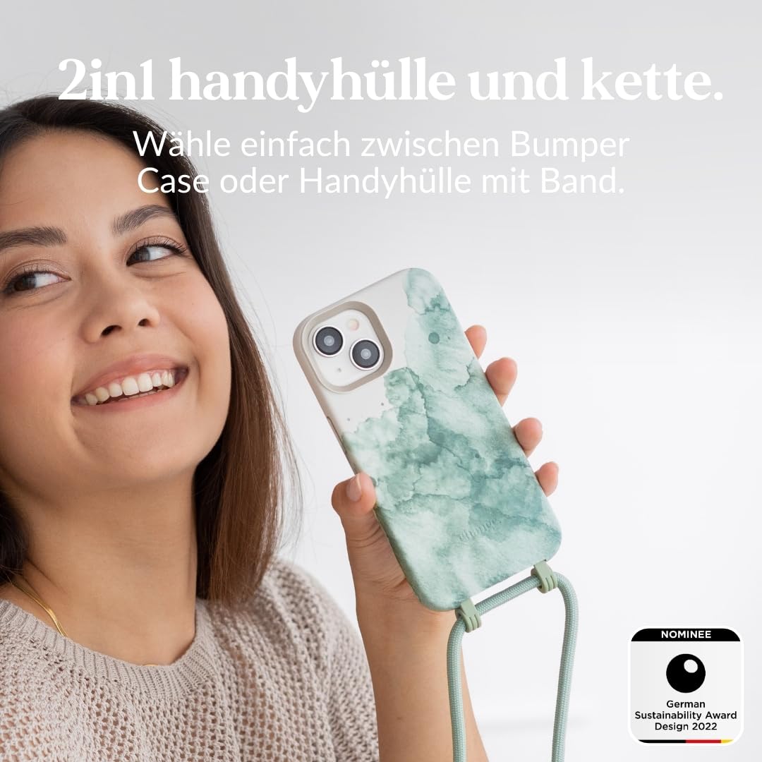 Woodcessories - Change Case, Nachhaltige Handykette abnehmbar kompatibel mit iPhone 14 Hülle mit Band Aqua Green - biologisch abbaubar