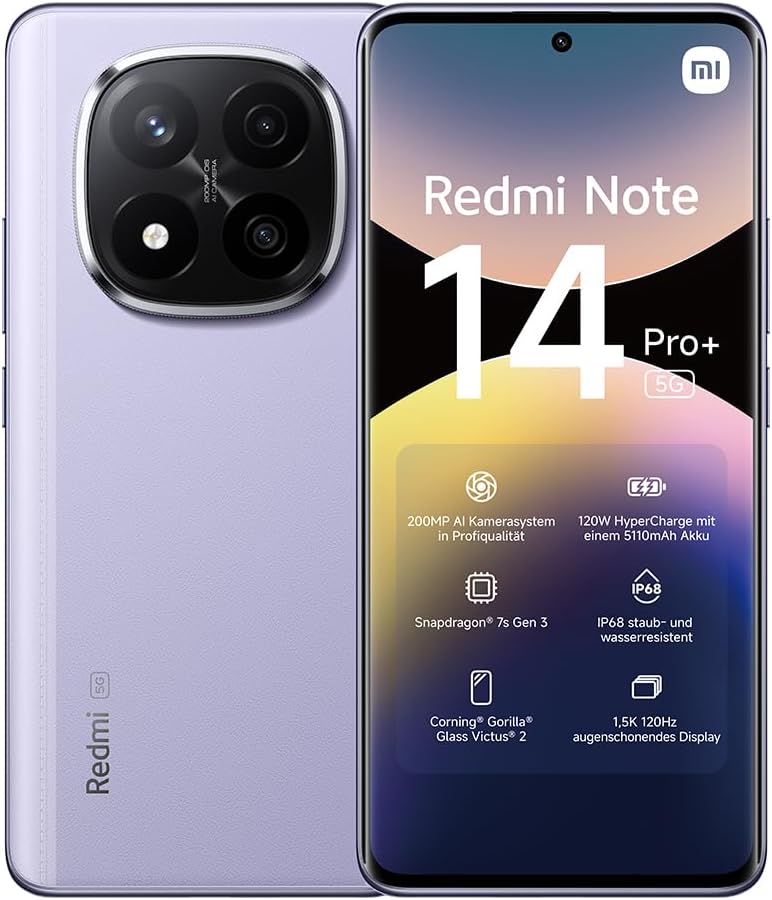 – Redmi Note 14 Pro+ 5G smartphone, 12+512GB, purple, 200MP pro-grade AI camera, IP68, 120W HyperCharge, AI features (no charger included), 2 year Warranty
