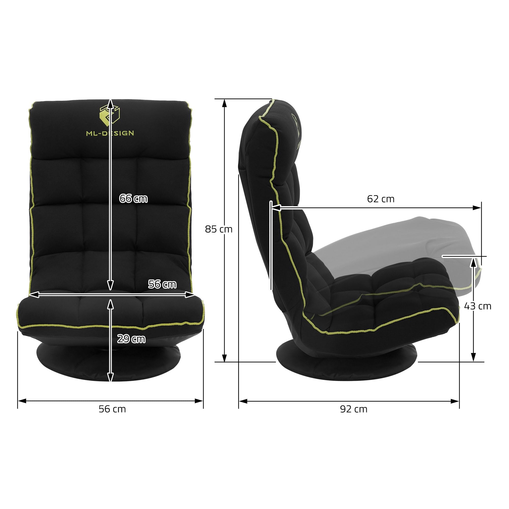 ML-Design Fauteuil de Sol Gaming Noir-Vert, Pivotant 360°, Modèle de Jeu Pliable avec Appui-Tête, Dossier Réglable et Rembourré, Siège Multi-Positions Relaxant, Confort pour Lounge Salon ou Chambre