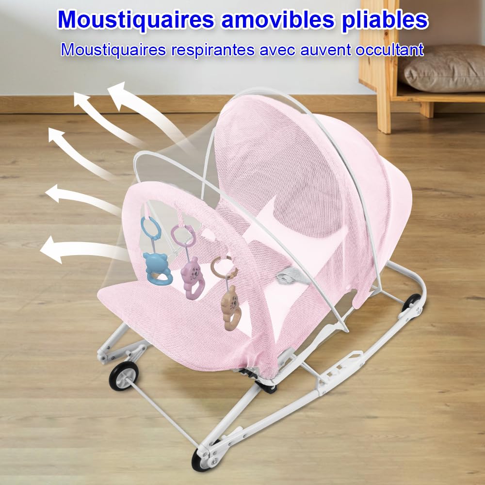 Transat Bébé Vibrations Apaisantes - Ergonomique - Musique, Barre de Jouets Amovible, 0 à 9 Mois Jusqu'à 9 kg- 40 x 80 x 66 cm - Rose