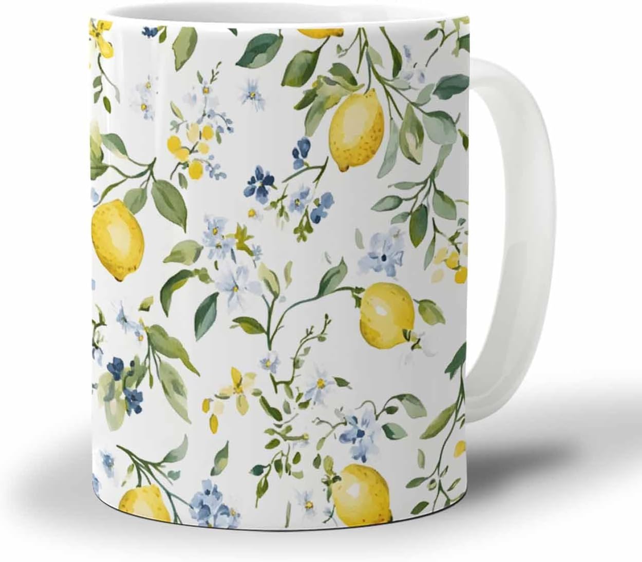BEMIGO Ceramic Coffee Mug Summer Lemon Ceramic Mug White Cup, Blue Flowers Leaves Insulated Coffee Cup with Handle with Pattern Perfect for Tea and Hot Beverages, 12oz