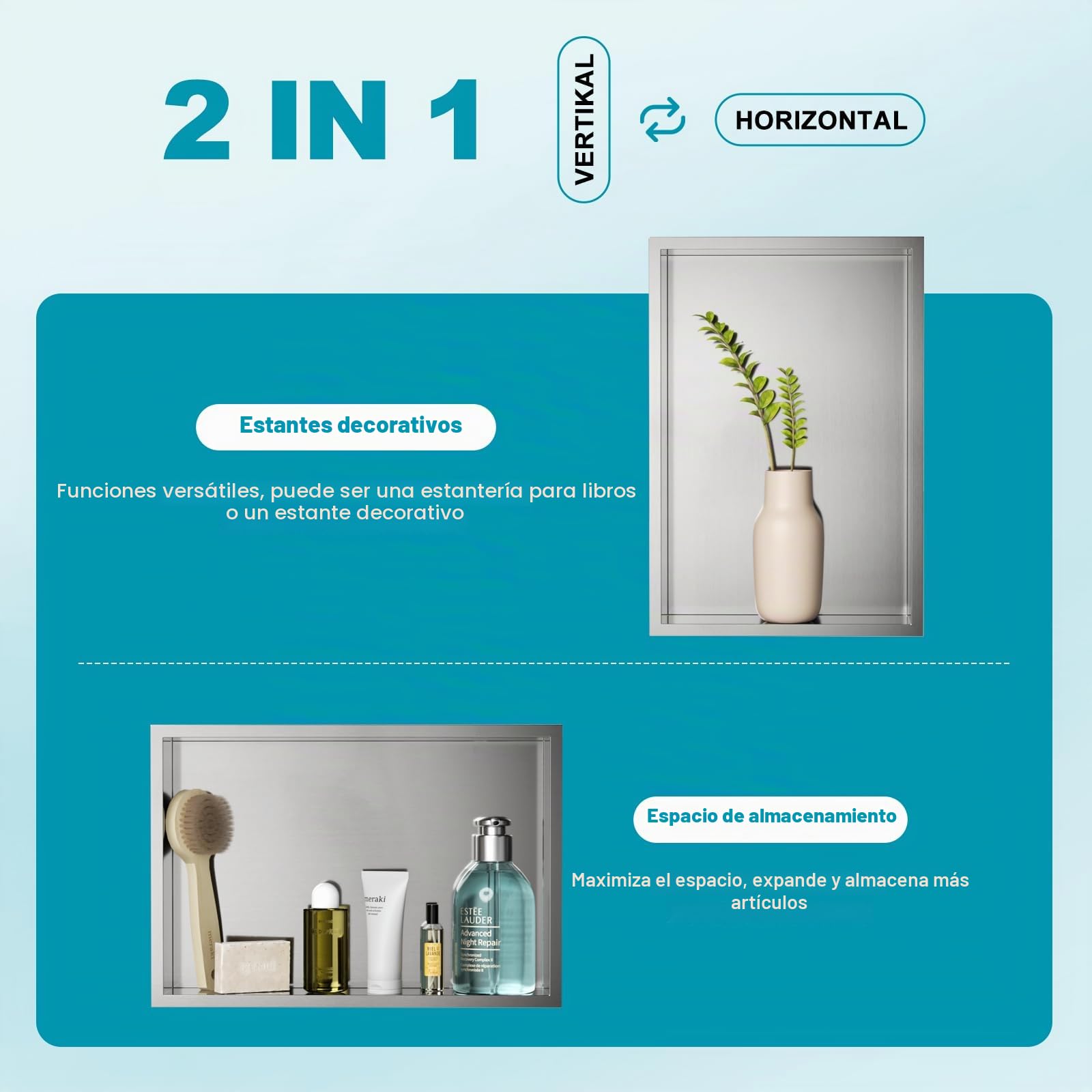 Nicho de pared para ducha de acero inoxidable, 45 x 30 x 10 cm, estante individual de almacenamiento, no necesita azulejos, para baño, nano plata