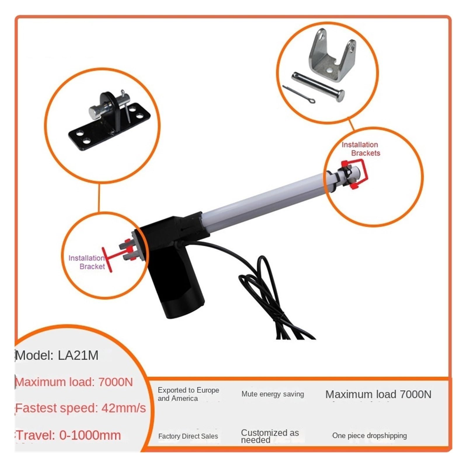 Actionneur linéaire, 12V DC 500mm Course 42mm/s Vitesse rapide 6000N 600KG Heavy Duty Nouvel actionneur linéaire(42mm-s 500mm 1000N)