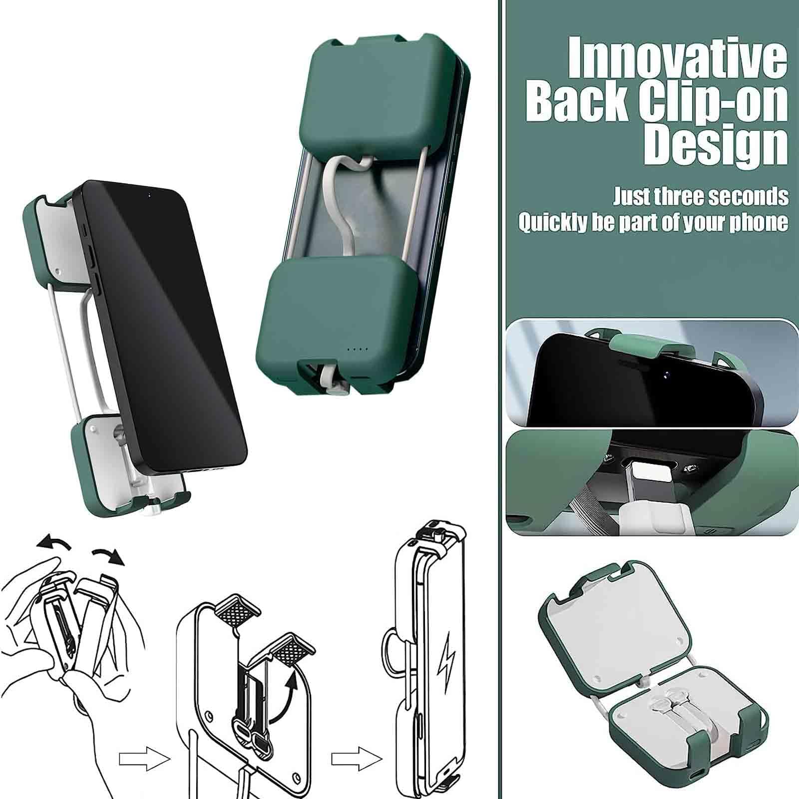 Mini Banco De Energía Y Soporte para Teléfono, Mini Banco De Energía De 4000 Mah con Cable Doble Integrado, Bonito Banco De Energía con Cable Integrado,Verde