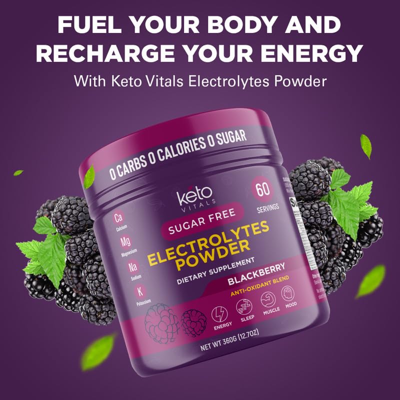 Image of Keto Vitals Antioxidant Electrolytes Powder - Blend Keto Electrolytes with Potassium, Magnesium, Sodium, & Calcium - No Sugar Electrolyte Drink Mix & Hydration Powder, 60 Servings, BlackBerry