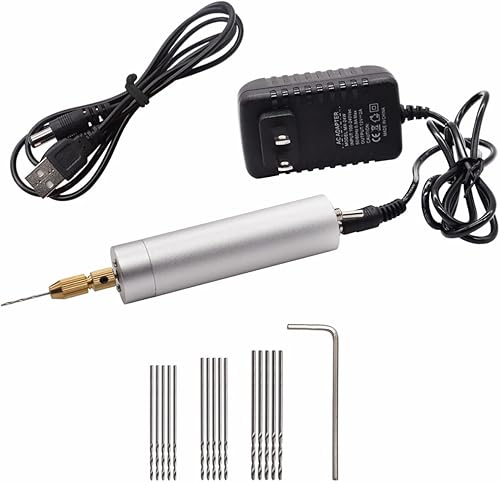 Dianrui Mini taladro eléctrico portátil de aluminio de mano con 15 taladros giratorios de 0.031-0.047 in y 1 llave de 0.059 in, incluye 1 fuente de