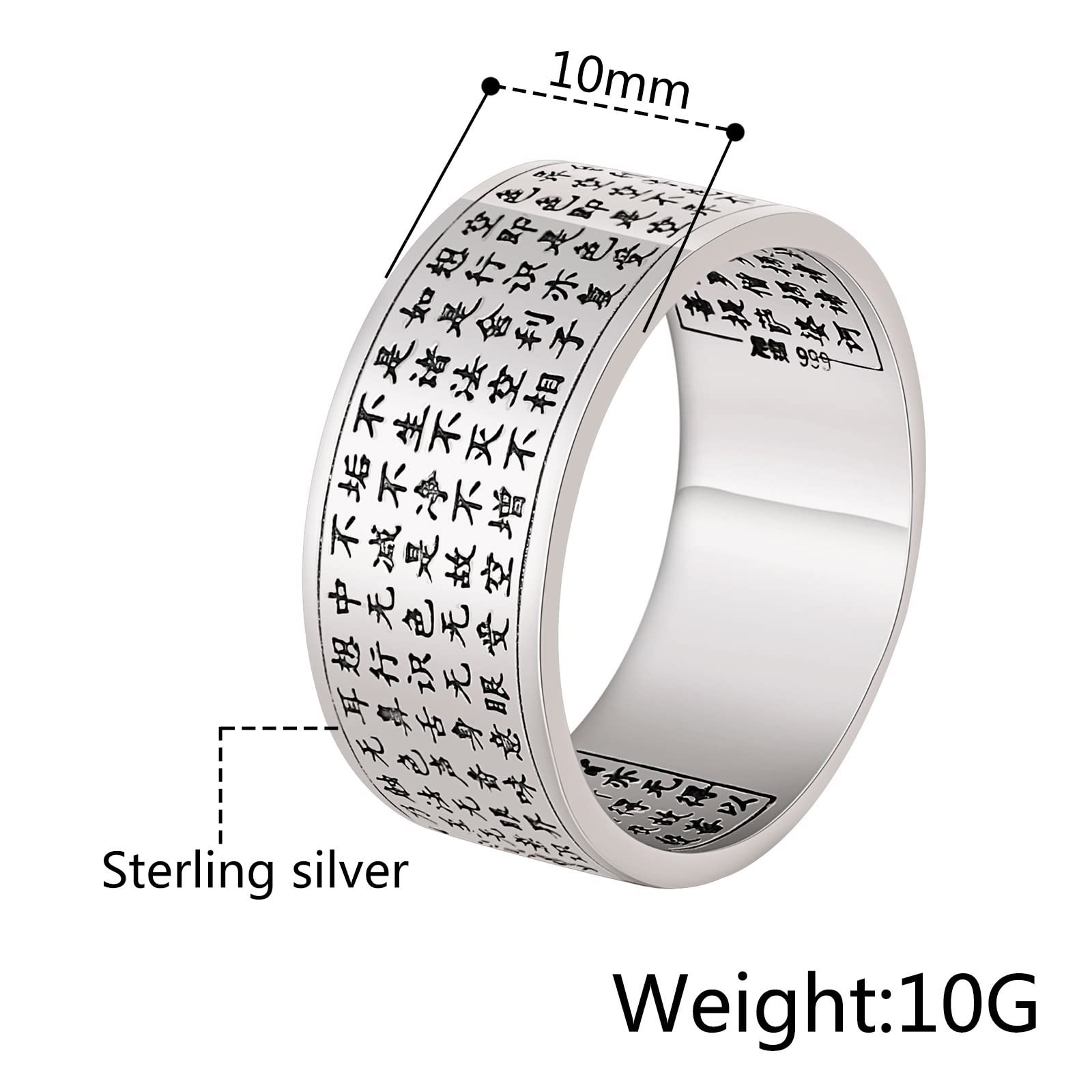 Anillo de Plata para Hombre, Anillos Compromiso Boda Plata de Ley 999 Anillo Budista Punk Rock Grabado Corazón Sutra para Novio