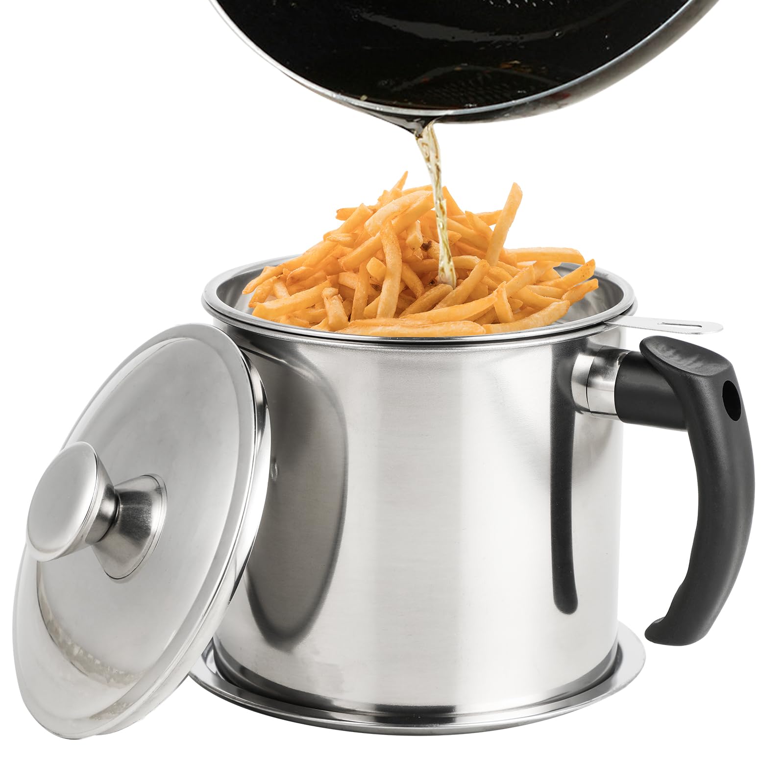 Barattolo Contenitore Colino Olio 1,6L - con filtro, coperchio antipolvere e vassoio antiscivolo - adatto per friggere, filtrare olio e contenitori per olio in cucina. Oliera acciaio inox