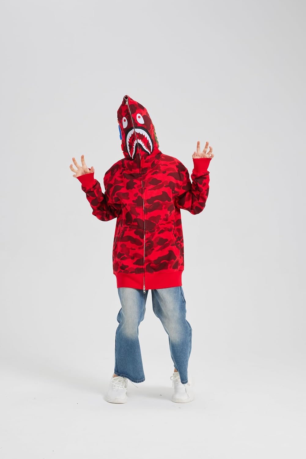 Camouflage shark jacket men's fall and winter cardigan zipper embroidery hooded sweater large size couple models (US, Alpha, 3X-Large, Regular, Regular, Red)