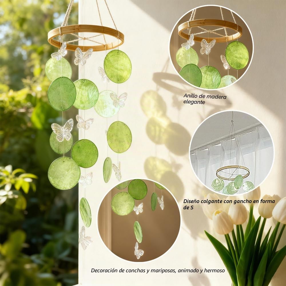 Campanilla de viento de concha de mariposa, campanillas de viento para interiores con gancho en S, campanillas de viento colgantes para jardín, sonido nítido y agradable, regalo perfecto para